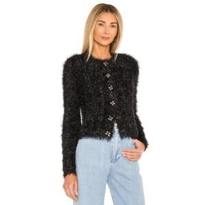 Tach Clothing Helga Fuzzy Knit Cardigan Sweater XS Brooch Accent Black NWT